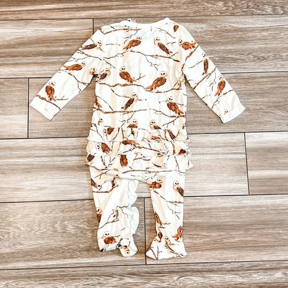 NWT! Milkbarn Owl Bamboo Ruffle Zipper Footed Romper Size 3-6M